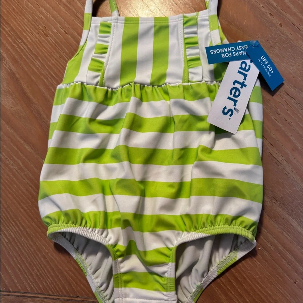 NWT NEW Carter's Green White Striped Swimsuit SZ 12 Mons UPF 50